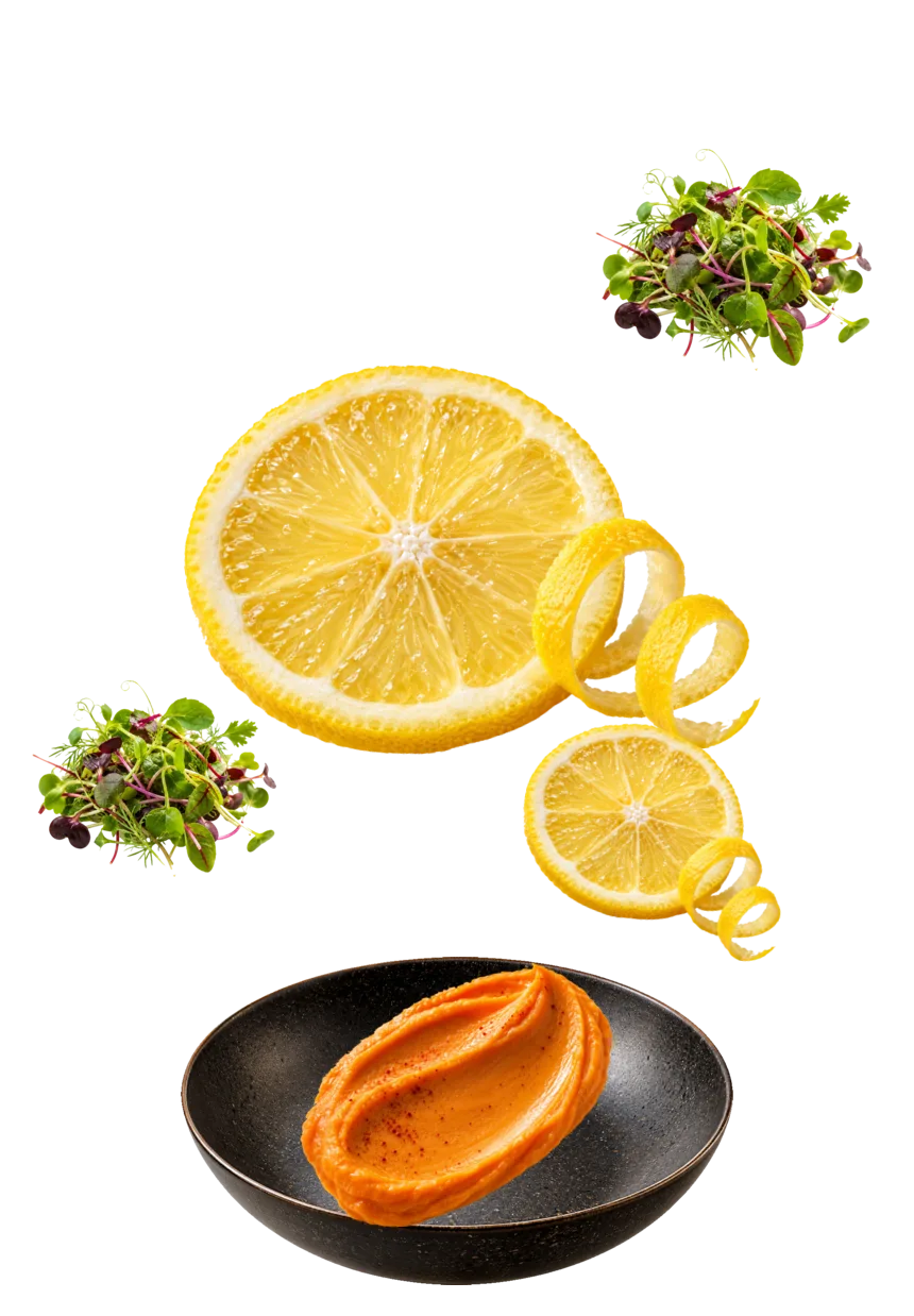 Lim&oacute;n confitado en rodaja con ralladura en espiral y brotes tiernos