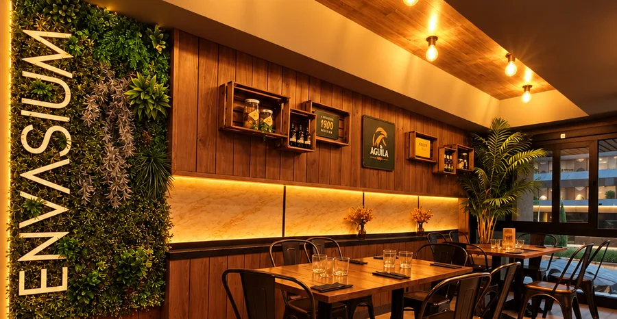 Comedor de Envasium con mesas de madera, sillas negras, pared cubierta de
                  vegetaci&oacute;n y el letrero iluminado de la marca